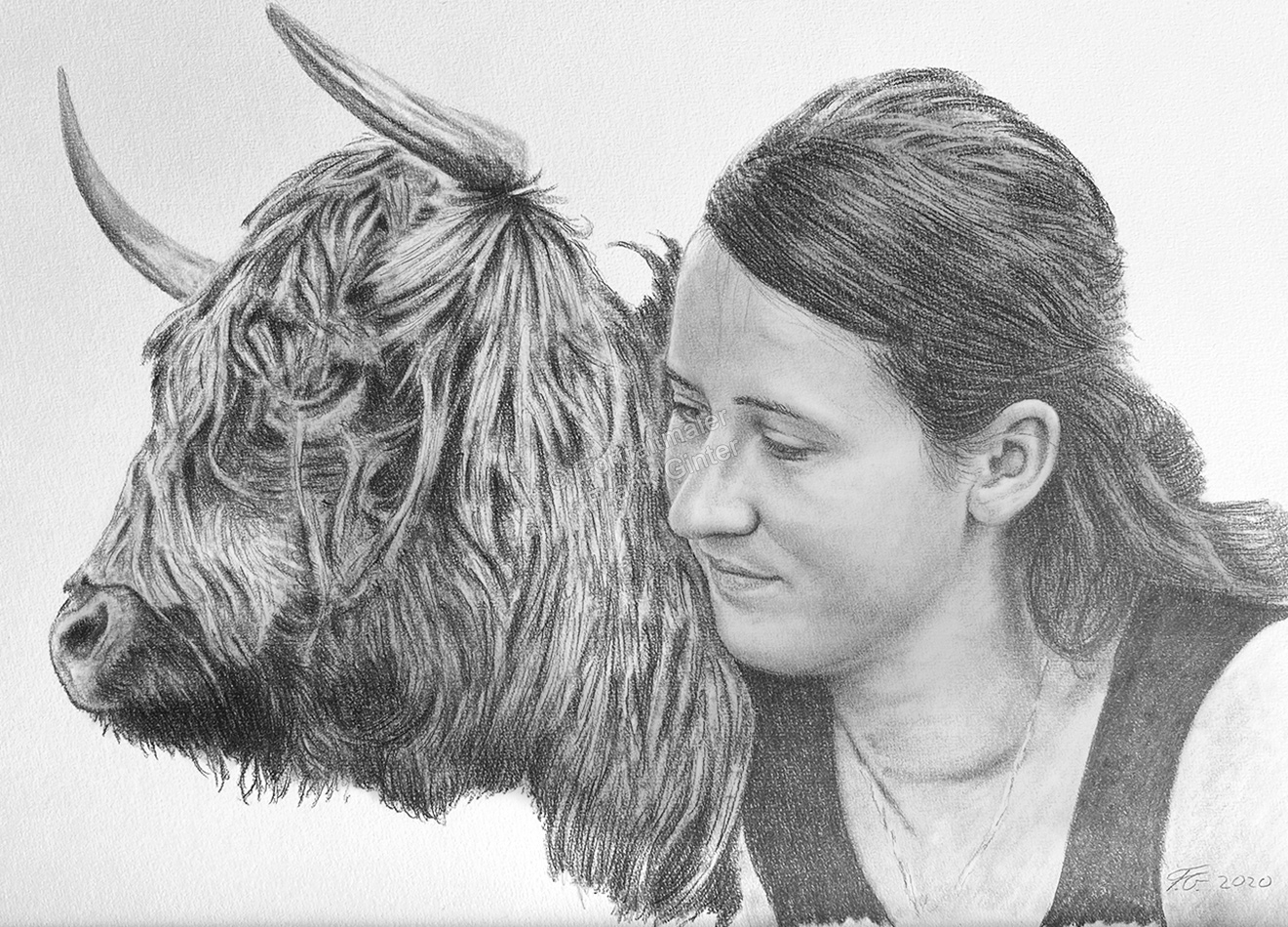 Bleistiftzeichnungen-Portraitzeichnung-Frau-Kuh